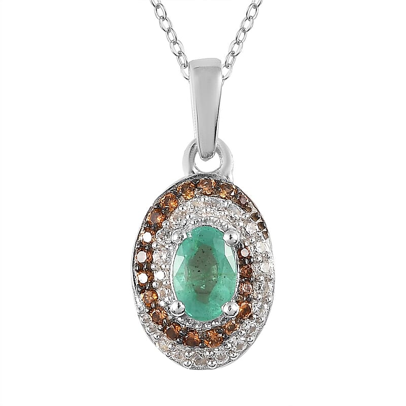 Ethiopian Emerald, White and Coffee Zircon Halo Pendant Necklace 20 Inches in Platinum Over Sterling Silver 0.85 ctw