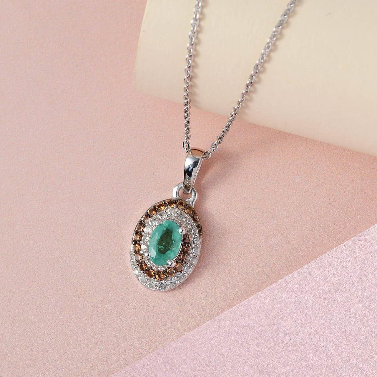 Ethiopian Emerald, White and Coffee Zircon Halo Pendant Necklace 20 Inches in Platinum Over Sterling Silver 0.85 ctw image number 1