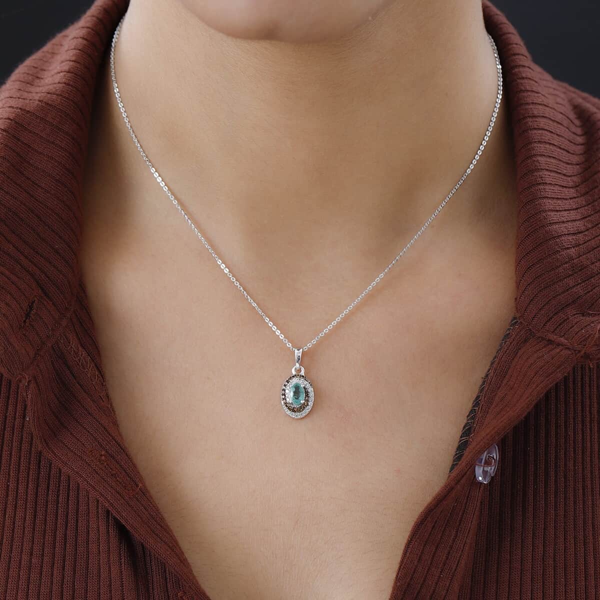 Ethiopian Emerald, White and Coffee Zircon Halo Pendant Necklace 20 Inches in Platinum Over Sterling Silver 0.85 ctw image number 2