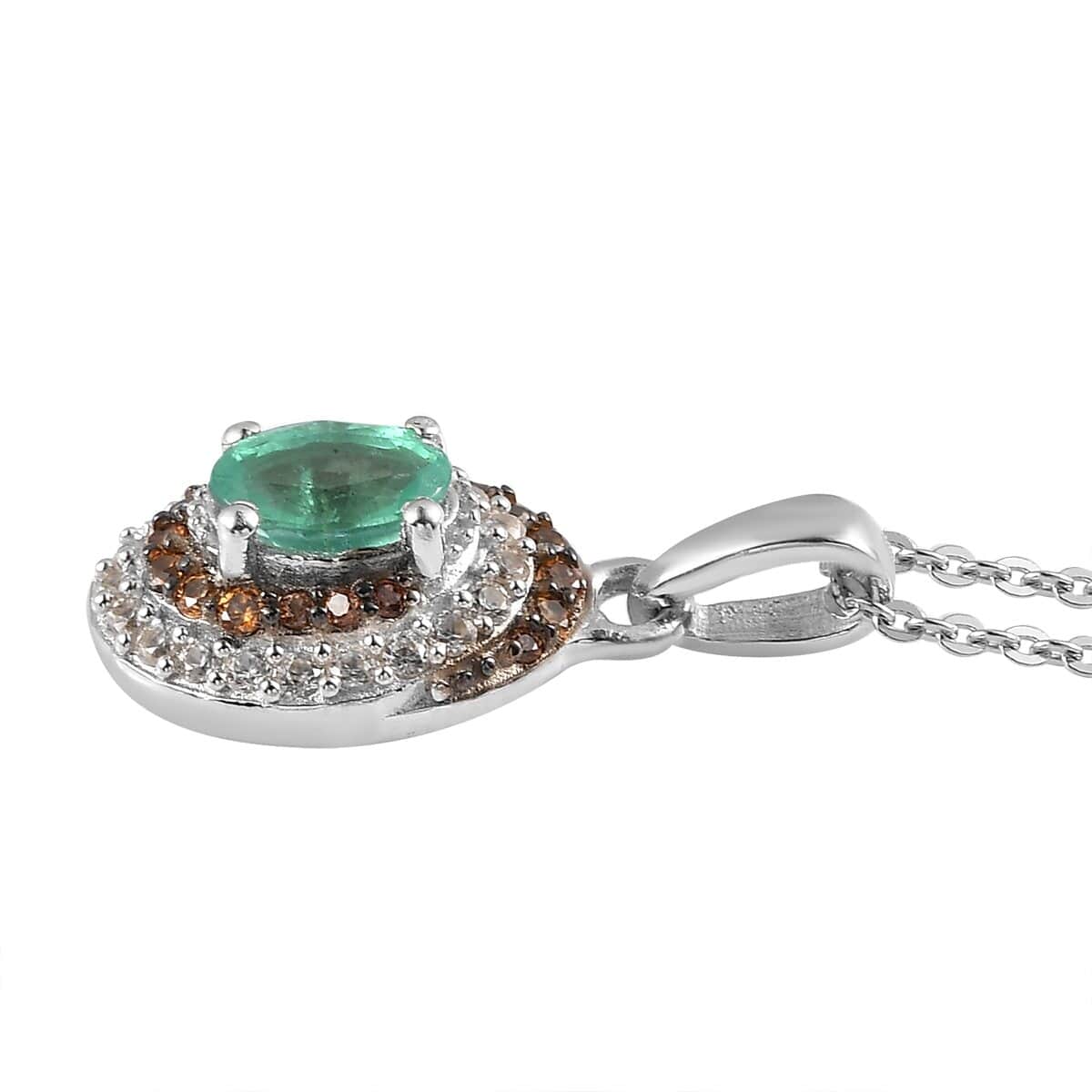 Ethiopian Emerald, White and Coffee Zircon Halo Pendant Necklace 20 Inches in Platinum Over Sterling Silver 0.85 ctw image number 3