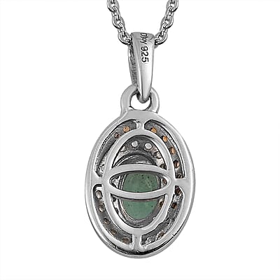 Ethiopian Emerald, White and Coffee Zircon Halo Pendant Necklace 20 Inches in Platinum Over Sterling Silver 0.85 ctw