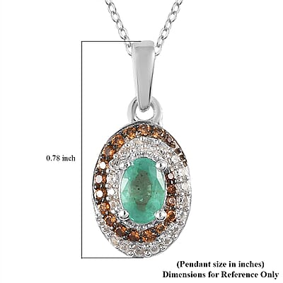 Ethiopian Emerald, White and Coffee Zircon Halo Pendant Necklace 20 Inches in Platinum Over Sterling Silver 0.85 ctw