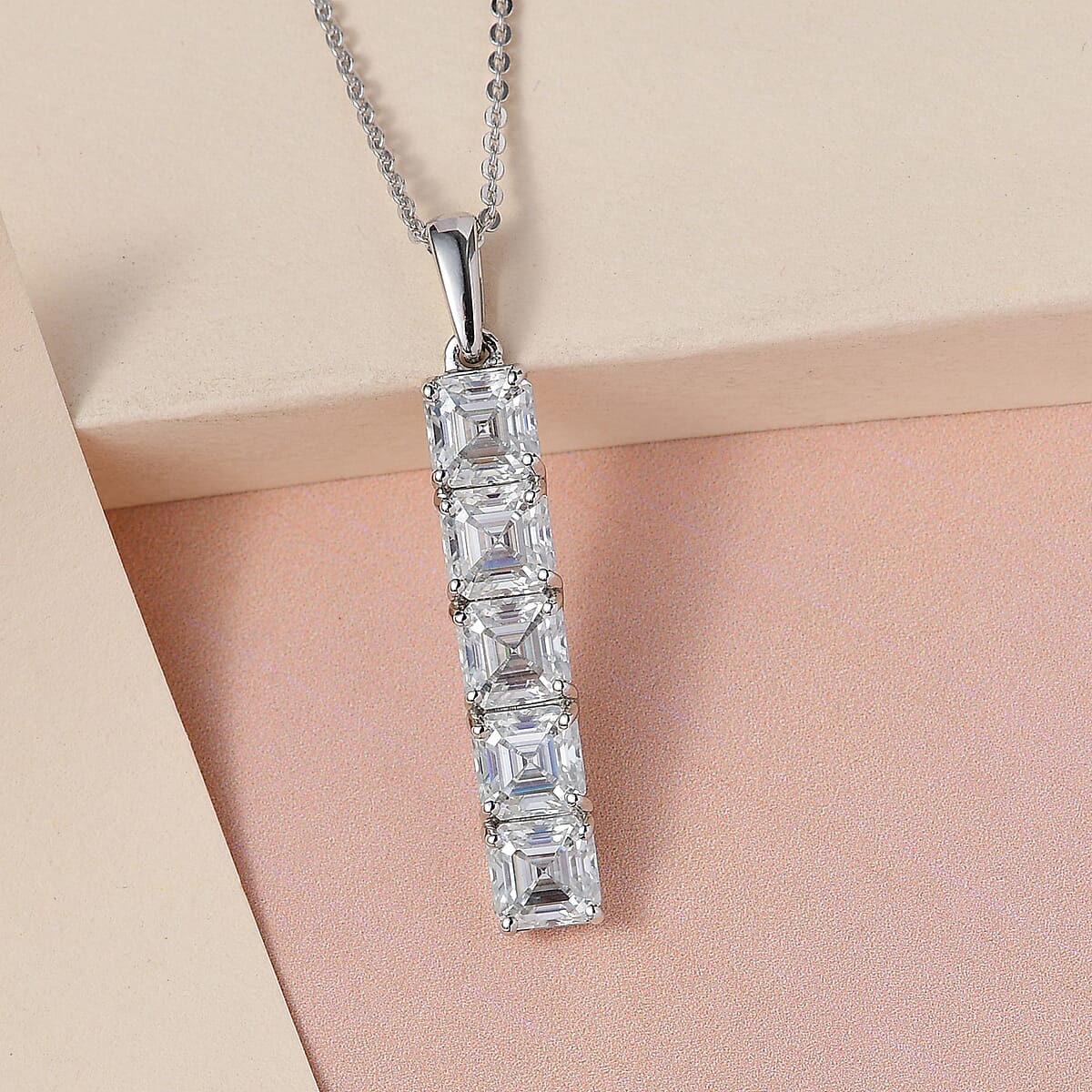 Asscher Cut Moissanite Bar Pendant Necklace 20 Inches in Platinum Over Sterling Silver 3.25 ctw image number 1