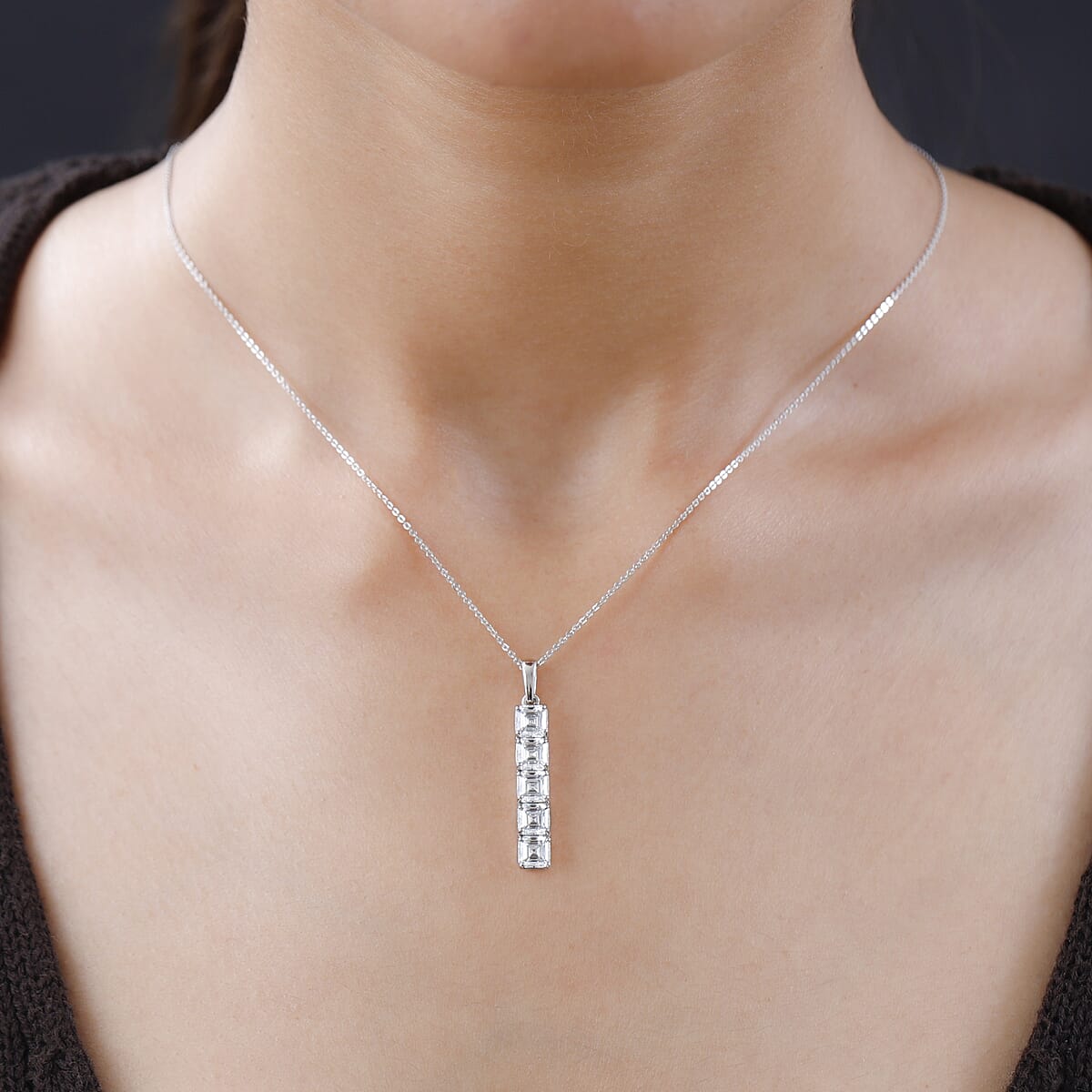 Asscher Cut Moissanite Bar Pendant Necklace 20 Inches in Platinum Over Sterling Silver 3.25 ctw image number 2