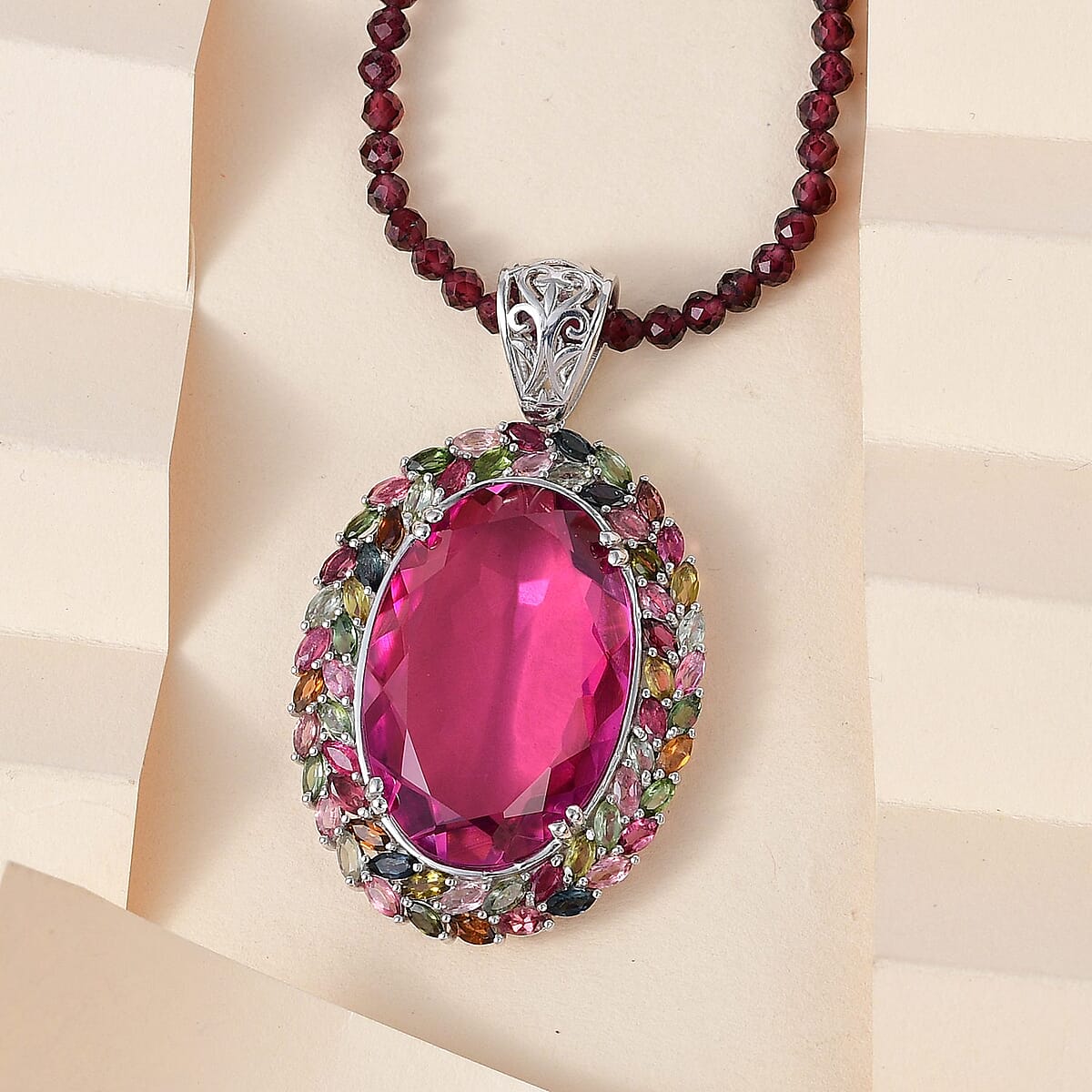 Radiant Orchid Quartz (Triplet) and Multi-Tourmaline Pendant with Rhodolite Garnet Beaded Necklace 18 Inches in Platinum Over Sterling Silver 167.25 ctw image number 1
