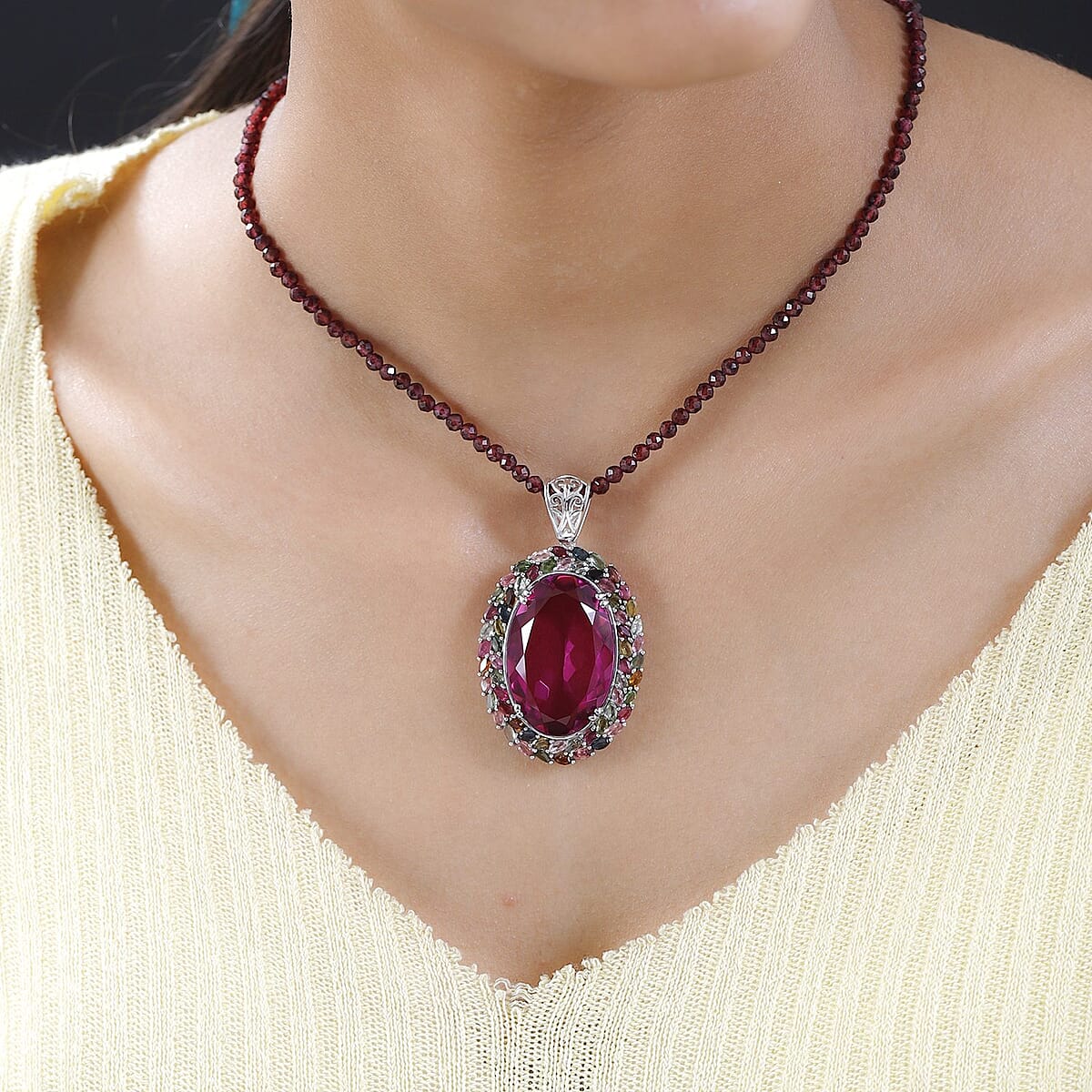 Radiant Orchid Quartz (Triplet) and Multi-Tourmaline Pendant with Rhodolite Garnet Beaded Necklace 18 Inches in Platinum Over Sterling Silver 167.25 ctw image number 2
