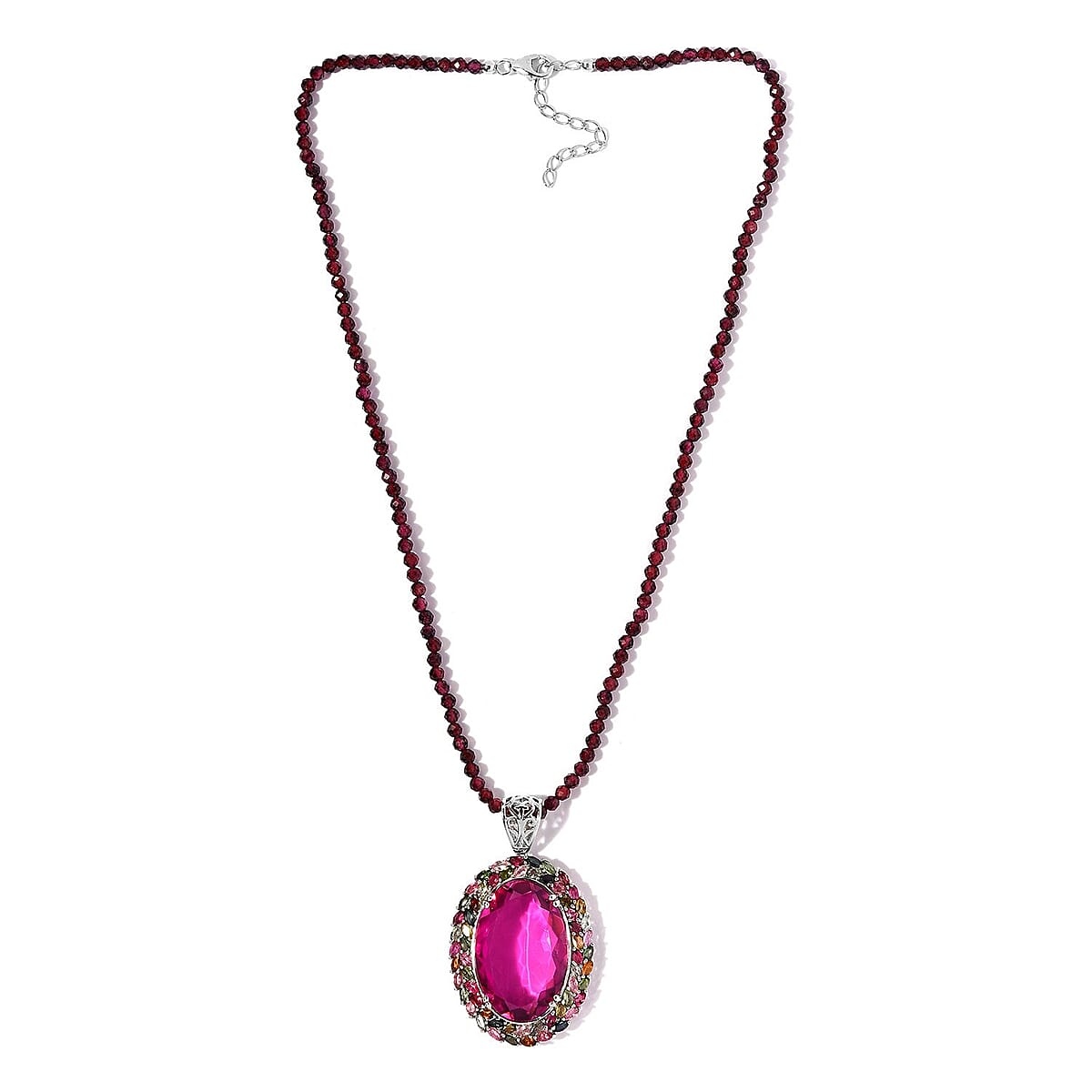 Radiant Orchid Quartz (Triplet) and Multi-Tourmaline Pendant with Rhodolite Garnet Beaded Necklace 18 Inches in Platinum Over Sterling Silver 167.25 ctw image number 3