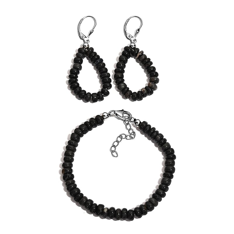 Ankur Treasure Chest Black Opal Beaded Earrings and Bracelet (6-8In) in Platinum Over Sterling Silver 49.25 ctw