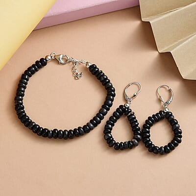 Ankur Treasure Chest Black Opal Beaded Earrings and Bracelet (6-8In) in Platinum Over Sterling Silver 49.25 ctw