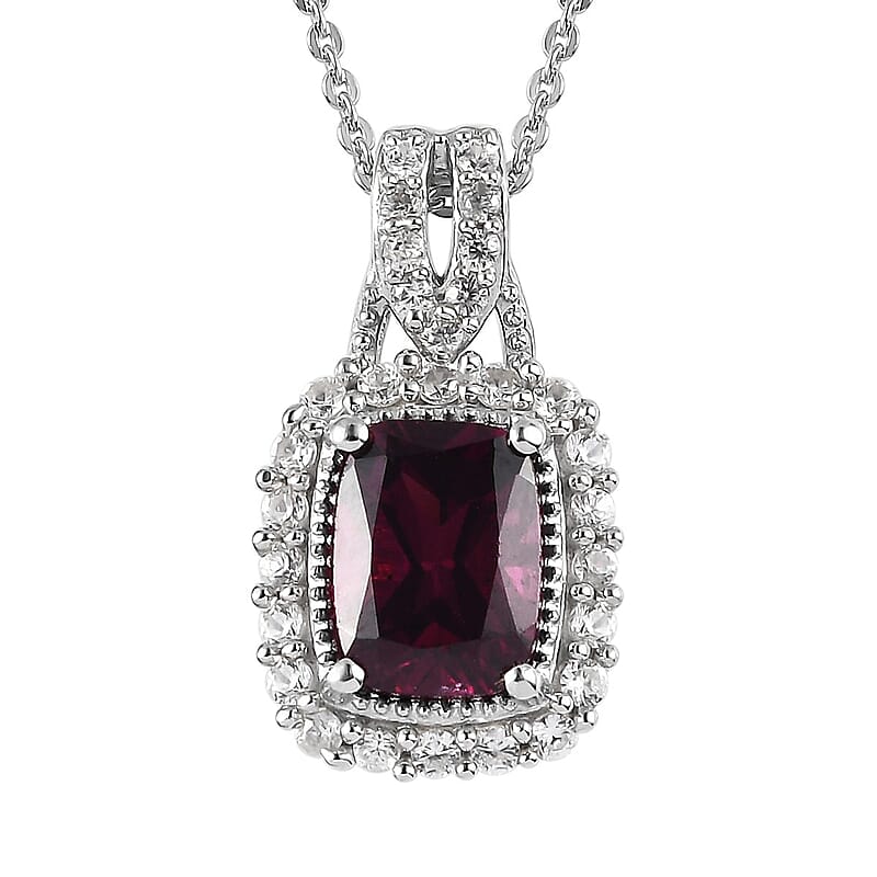 Orissa Rhodolite Garnet and White Zircon Halo Pendant Necklace 20 Inches in Platinum Over Sterling Silver 2.25 ctw
