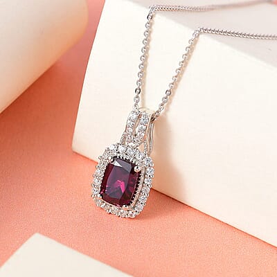 Orissa Rhodolite Garnet and White Zircon Halo Pendant Necklace 20 Inches in Platinum Over Sterling Silver 2.25 ctw
