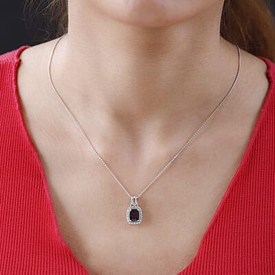 Orissa Rhodolite Garnet and White Zircon Halo Pendant Necklace 20 Inches in Platinum Over Sterling Silver 2.25 ctw