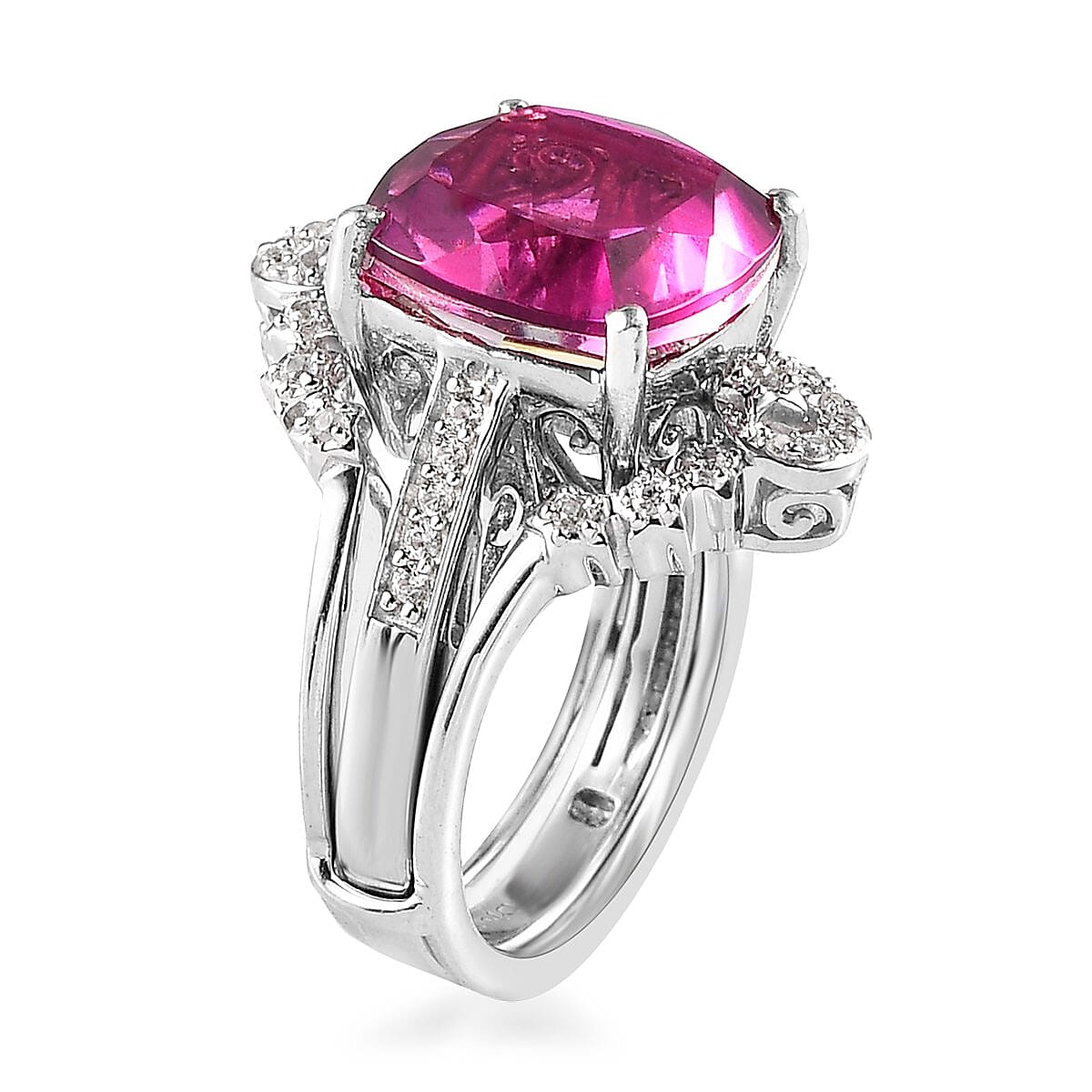 Radiant Orchid Quartz (Triplet) and Natural White Zircon Set of 2 Stackable Ring in Platinum Over Sterling Silver (Size 6.0) 7.90 Grams 7.25 ctw