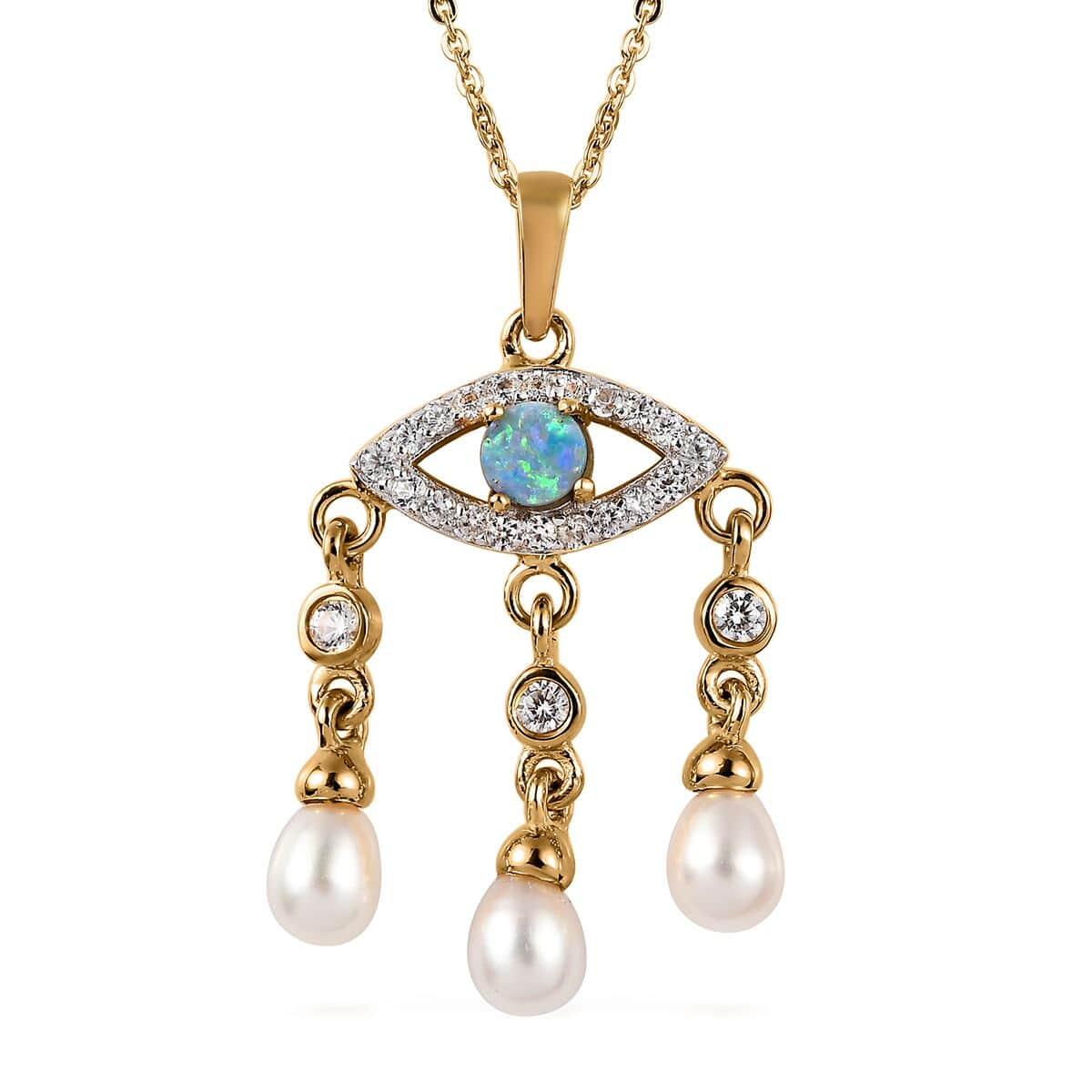 Boulder Opal Triplet, Freshwater Pearl, Zircon Evil Eye Protector Drop Pearls Fringe Pendant Necklace 20 Inches in Vermeil Yellow Gold Over Sterling Silver 0.60 ctw image number 0