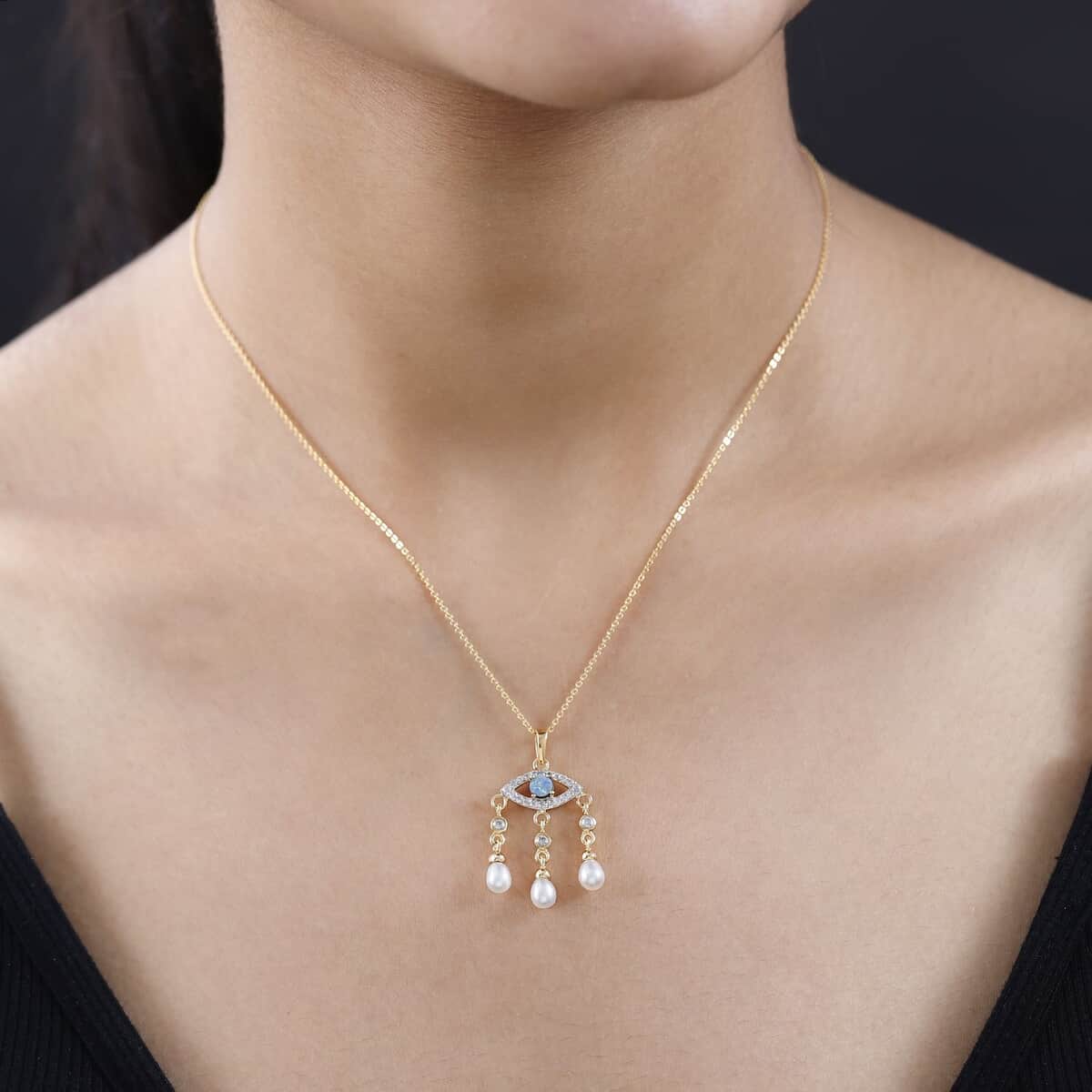 Boulder Opal Triplet, Freshwater Pearl, Zircon Evil Eye Protector Drop Pearls Fringe Pendant Necklace 20 Inches in Vermeil Yellow Gold Over Sterling Silver 0.60 ctw image number 2