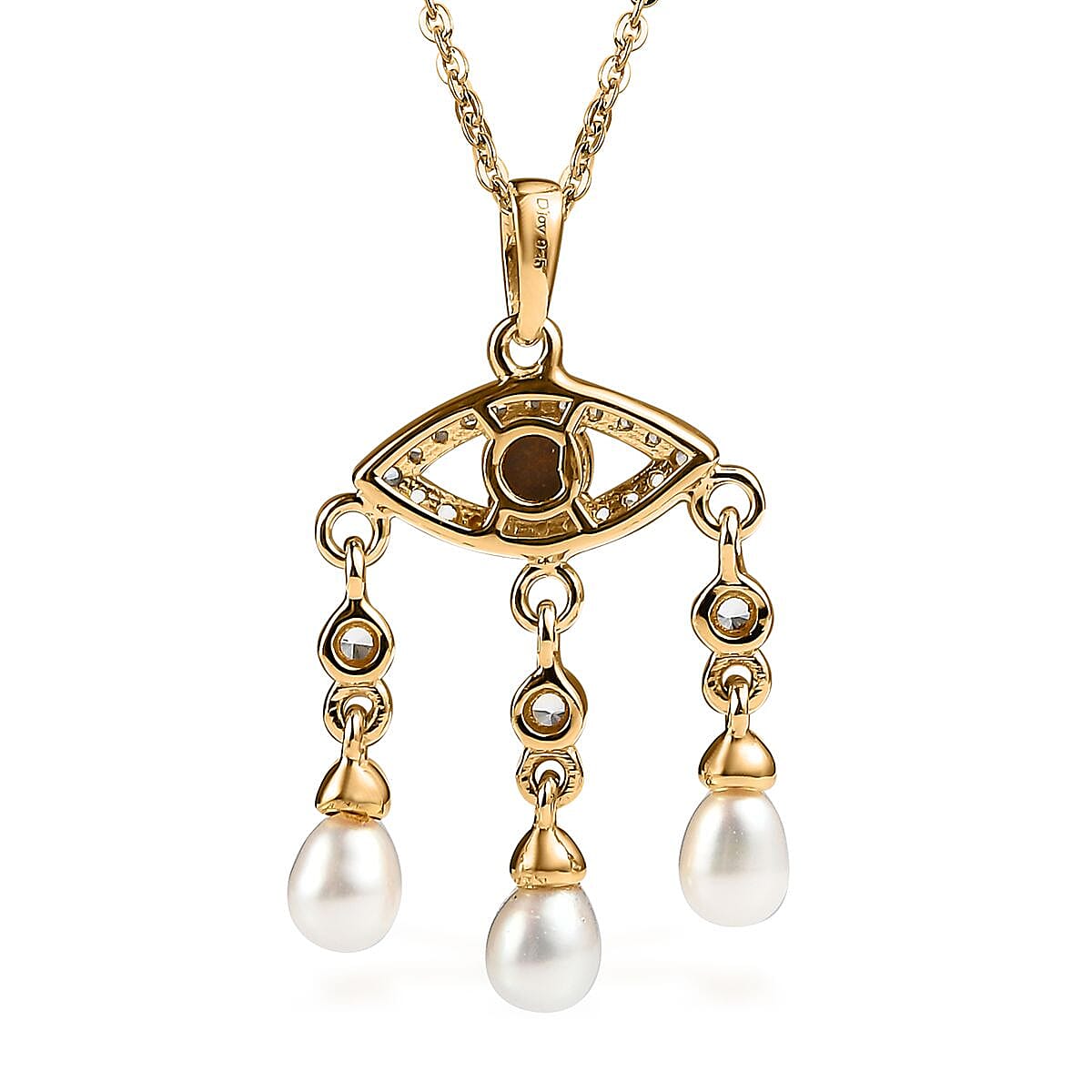 Boulder Opal Triplet, Freshwater Pearl, Zircon Evil Eye Protector Drop Pearls Fringe Pendant Necklace 20 Inches in Vermeil Yellow Gold Over Sterling Silver 0.60 ctw