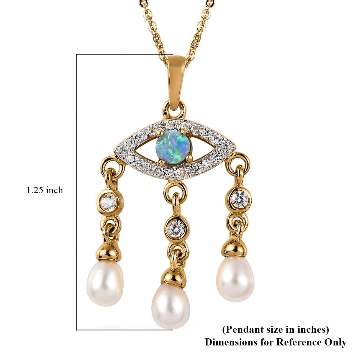 Boulder Opal Triplet, Freshwater Pearl, Zircon Evil Eye Protector Drop Pearls Fringe Pendant Necklace 20 Inches in Vermeil Yellow Gold Over Sterling Silver 0.60 ctw image number 6