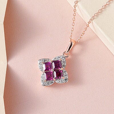 Premium Radiant Ember Garnet and White Zircon 1.75 ctw Pendant Necklace in 18K Vermeil Rose Gold Over Sterling Silver 20 Inches