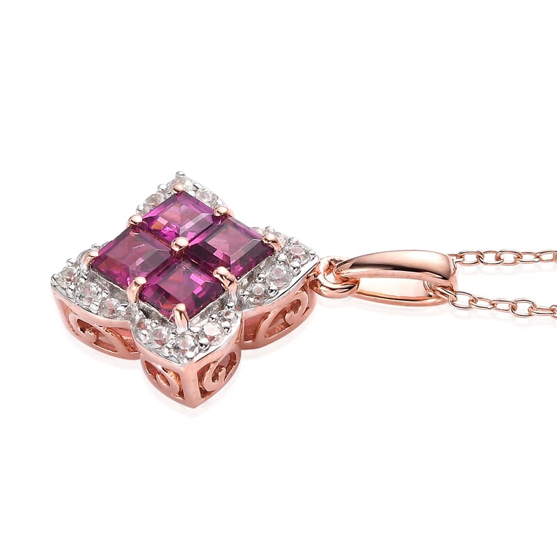 Premium Radiant Ember Garnet and White Zircon 1.75 ctw Pendant Necklace in 18K Vermeil Rose Gold Over Sterling Silver 20 Inches