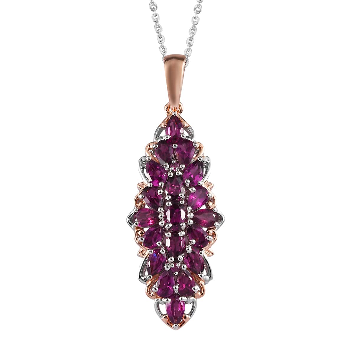 Orissa Rhodolite Garnet Elongated Pendant Necklace 20 Inches in Vermeil Rose Gold and Platinum Over Sterling Silver 5.10 ctw image number 0