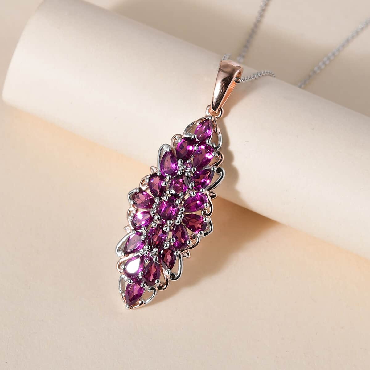 Orissa Rhodolite Garnet Elongated Pendant Necklace 20 Inches in Vermeil Rose Gold and Platinum Over Sterling Silver 5.10 ctw image number 1