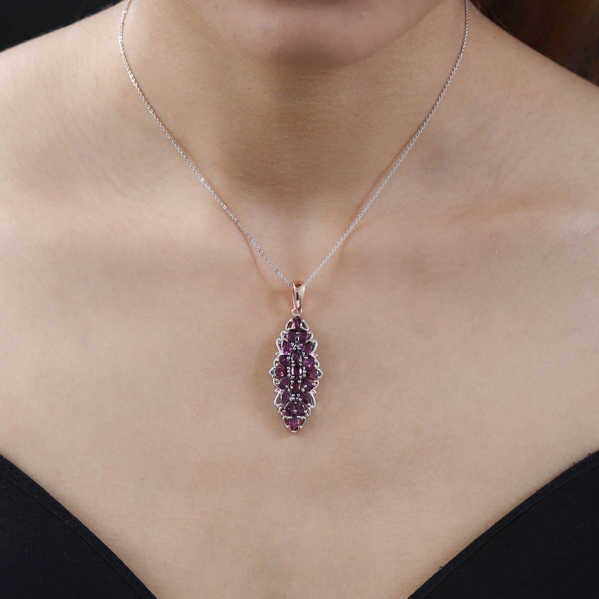 Orissa Rhodolite Garnet Elongated Pendant Necklace 20 Inches in Vermeil Rose Gold and Platinum Over Sterling Silver 5.10 ctw image number 2