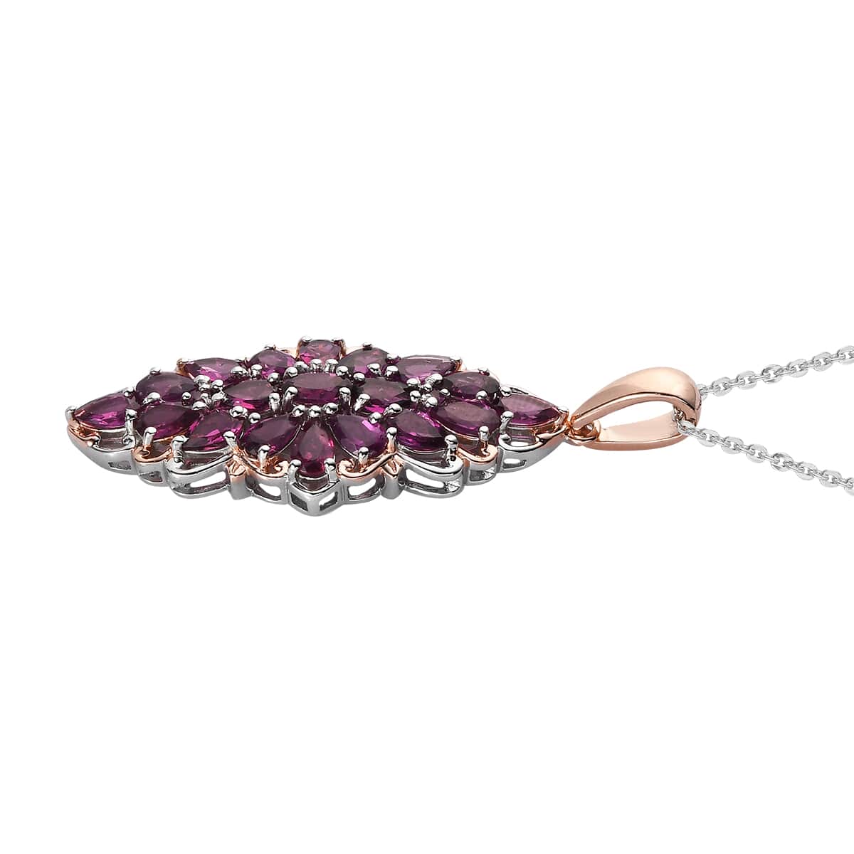 Orissa Rhodolite Garnet Elongated Pendant Necklace 20 Inches in Vermeil Rose Gold and Platinum Over Sterling Silver 5.10 ctw image number 3