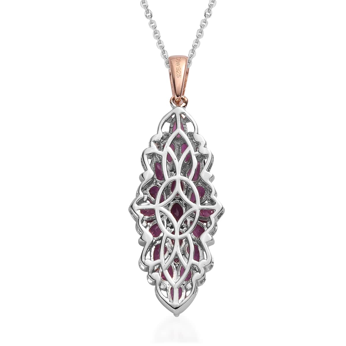 Orissa Rhodolite Garnet Elongated Pendant Necklace 20 Inches in Vermeil Rose Gold and Platinum Over Sterling Silver 5.10 ctw image number 4