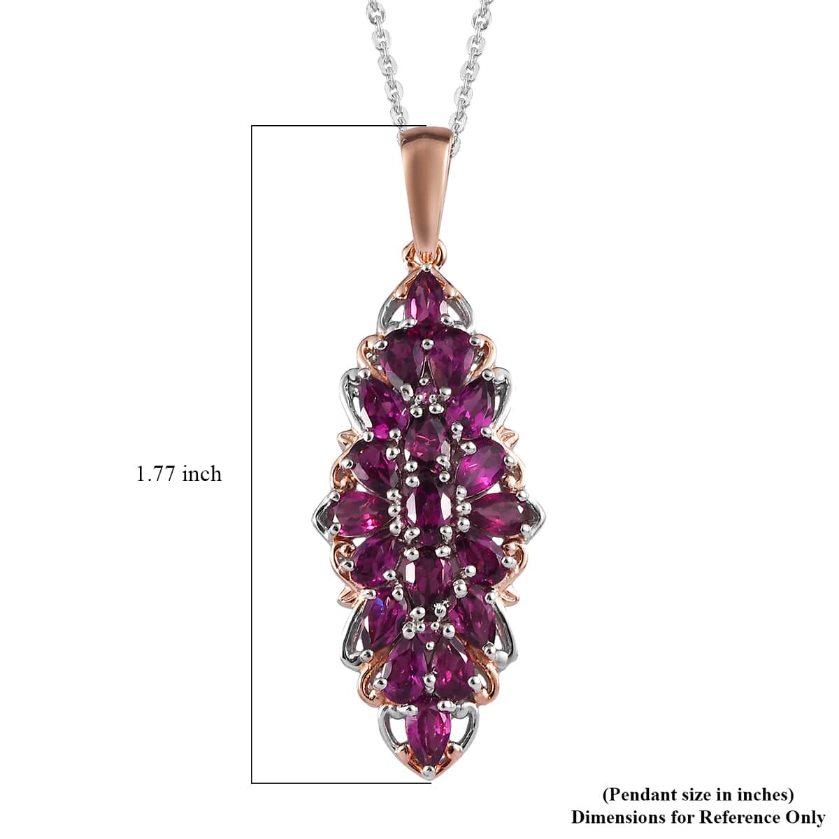 Orissa Rhodolite Garnet Elongated Pendant Necklace 20 Inches in Vermeil Rose Gold and Platinum Over Sterling Silver 5.10 ctw image number 6