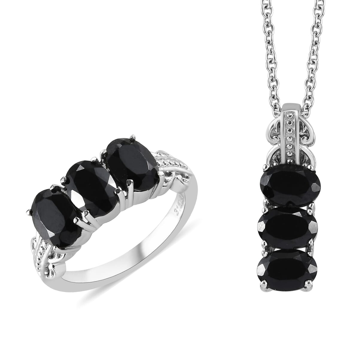 Thai Black Spinel 3 Stone Ring Size 5 and Pendant Necklace 20 Inches in Stainless Steel 6.10 ctw image number 0