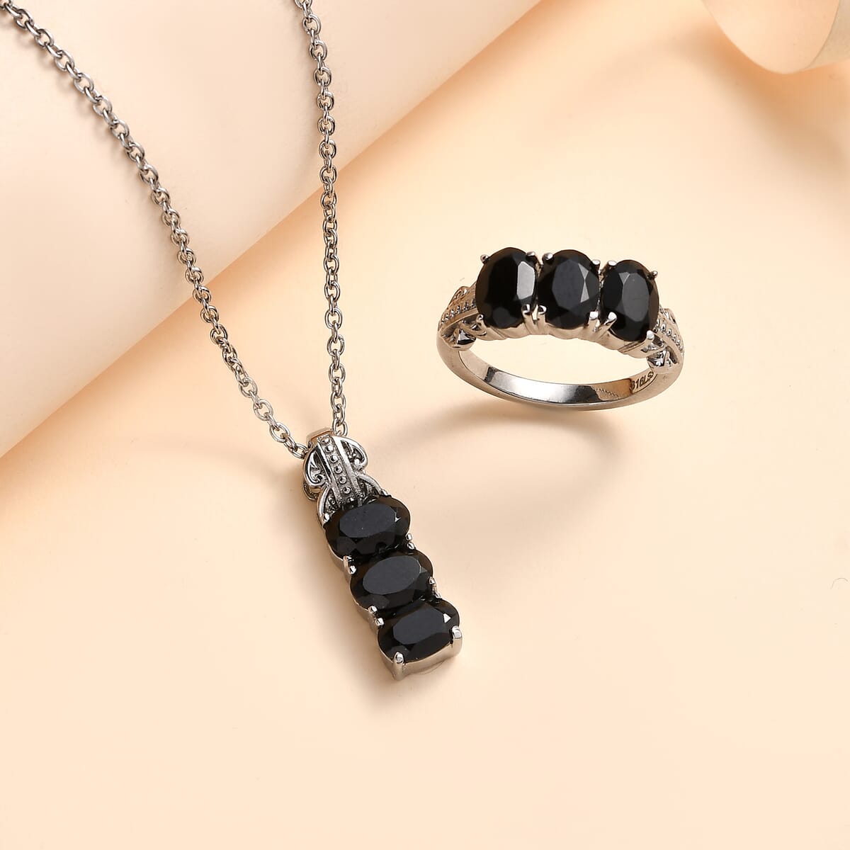 Thai Black Spinel 3 Stone Ring Size 5 and Pendant Necklace 20 Inches in Stainless Steel 6.10 ctw image number 1