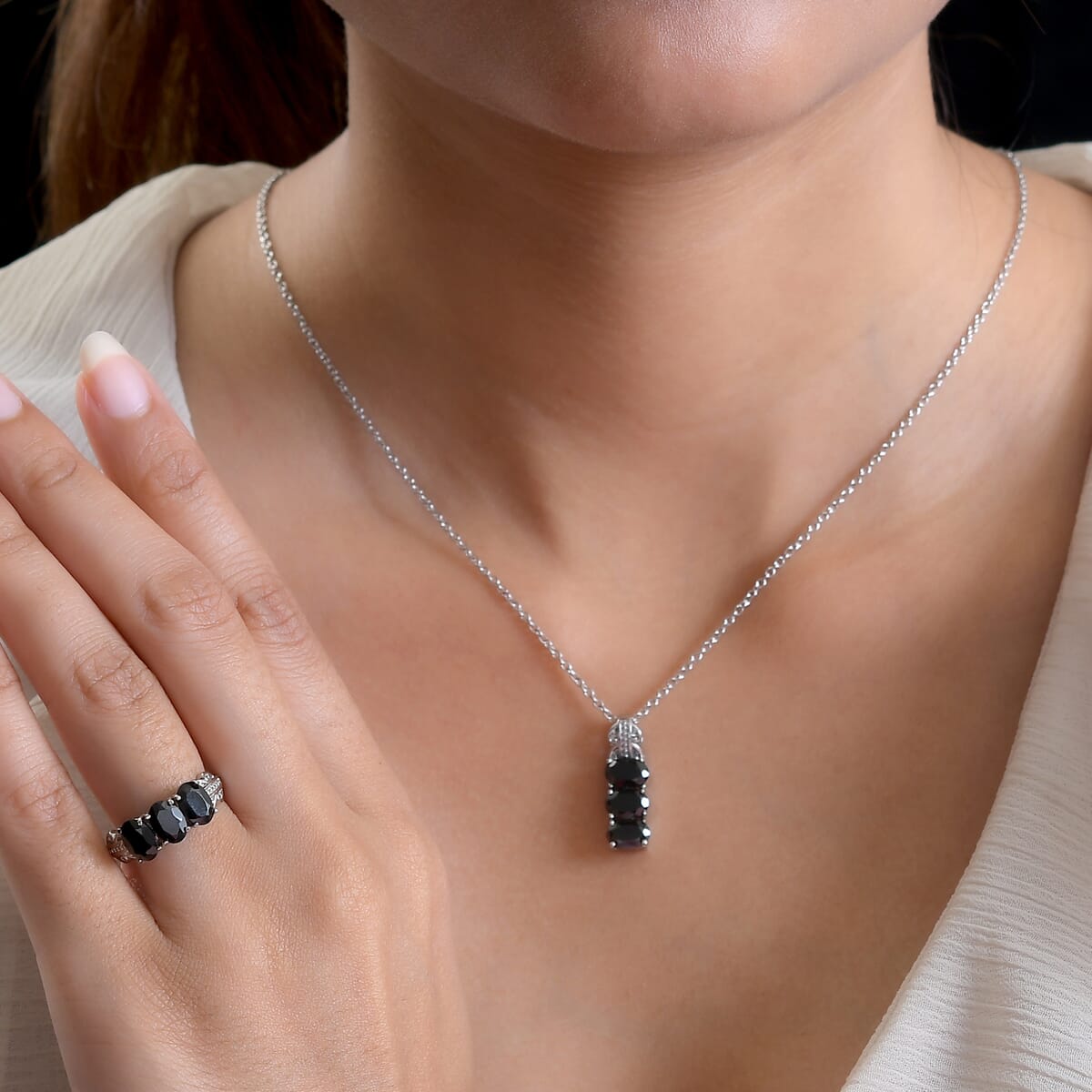 Thai Black Spinel 3 Stone Ring Size 5 and Pendant Necklace 20 Inches in Stainless Steel 6.10 ctw image number 2