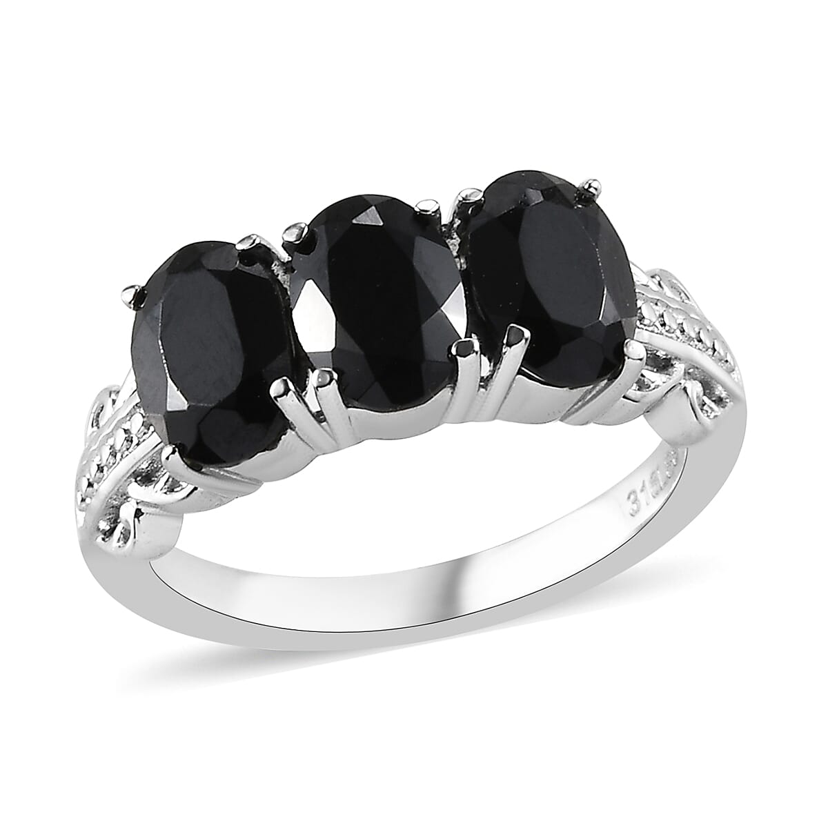 Thai Black Spinel 3 Stone Ring Size 5 and Pendant Necklace 20 Inches in Stainless Steel 6.10 ctw