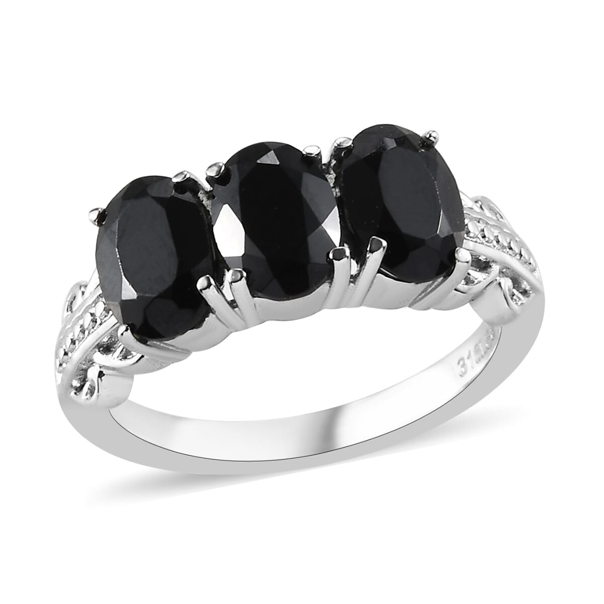 Thai Black Spinel 3 Stone Ring Size 5 and Pendant Necklace 20 Inches in Stainless Steel 6.10 ctw image number 3