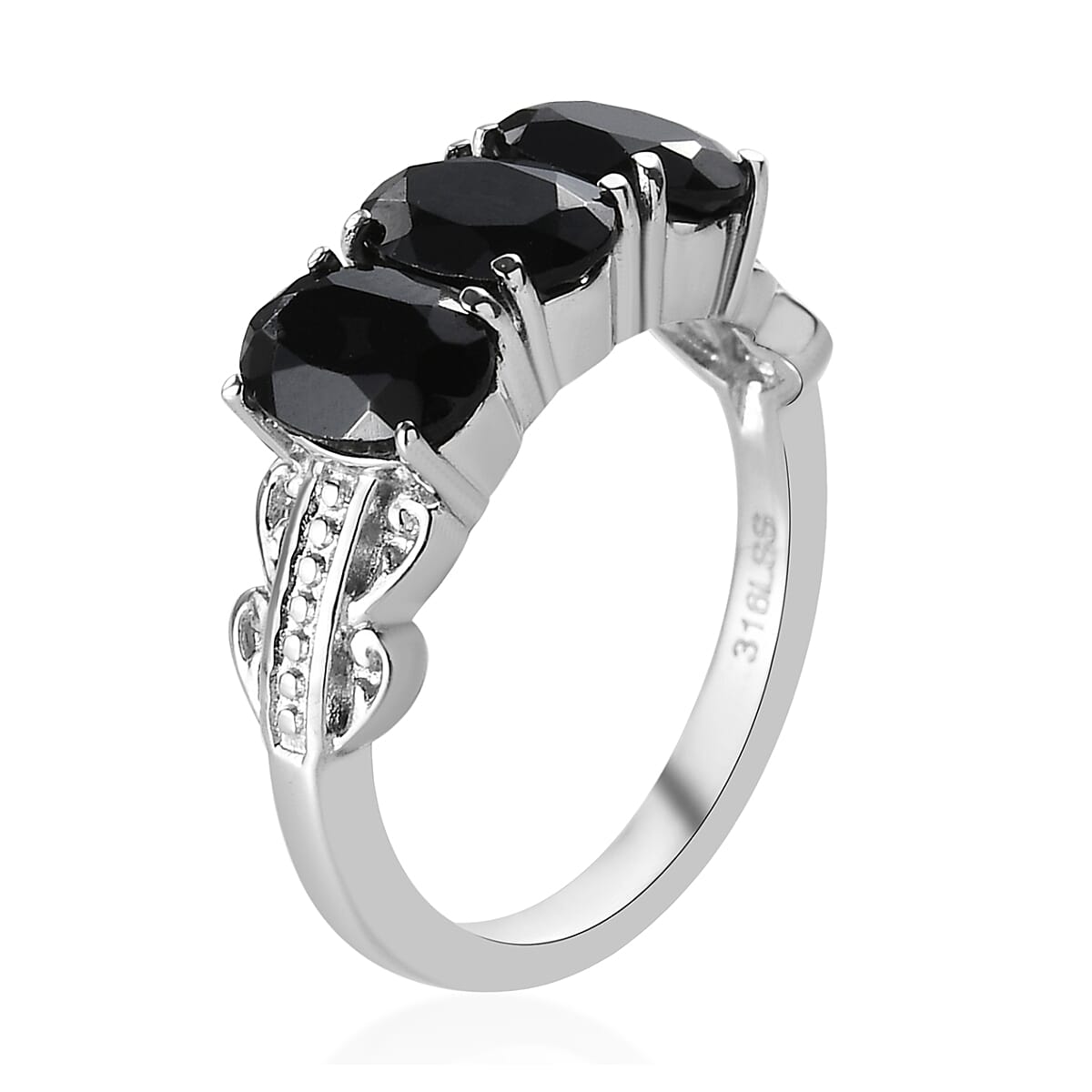 Thai Black Spinel 3 Stone Ring Size 5 and Pendant Necklace 20 Inches in Stainless Steel 6.10 ctw