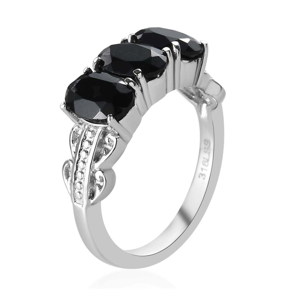 Thai Black Spinel 3 Stone Ring Size 5 and Pendant Necklace 20 Inches in Stainless Steel 6.10 ctw image number 4