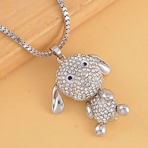 Black and White Austrian Crystal Dog Pendant Necklace (29-31 Inches) in Silvertone