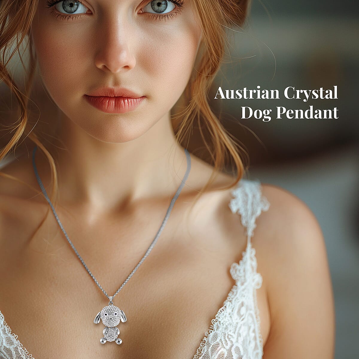 Black and White Austrian Crystal Dog Pendant Necklace (29-31 Inches) in Silvertone image number 2