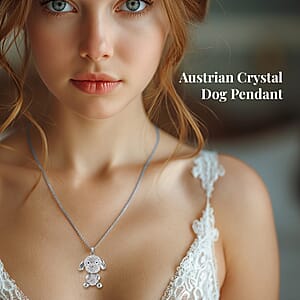 Black and White Austrian Crystal Dog Pendant Necklace (29-31 Inches) in Silvertone