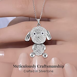 Black and White Austrian Crystal Dog Pendant Necklace (29-31 Inches) in Silvertone