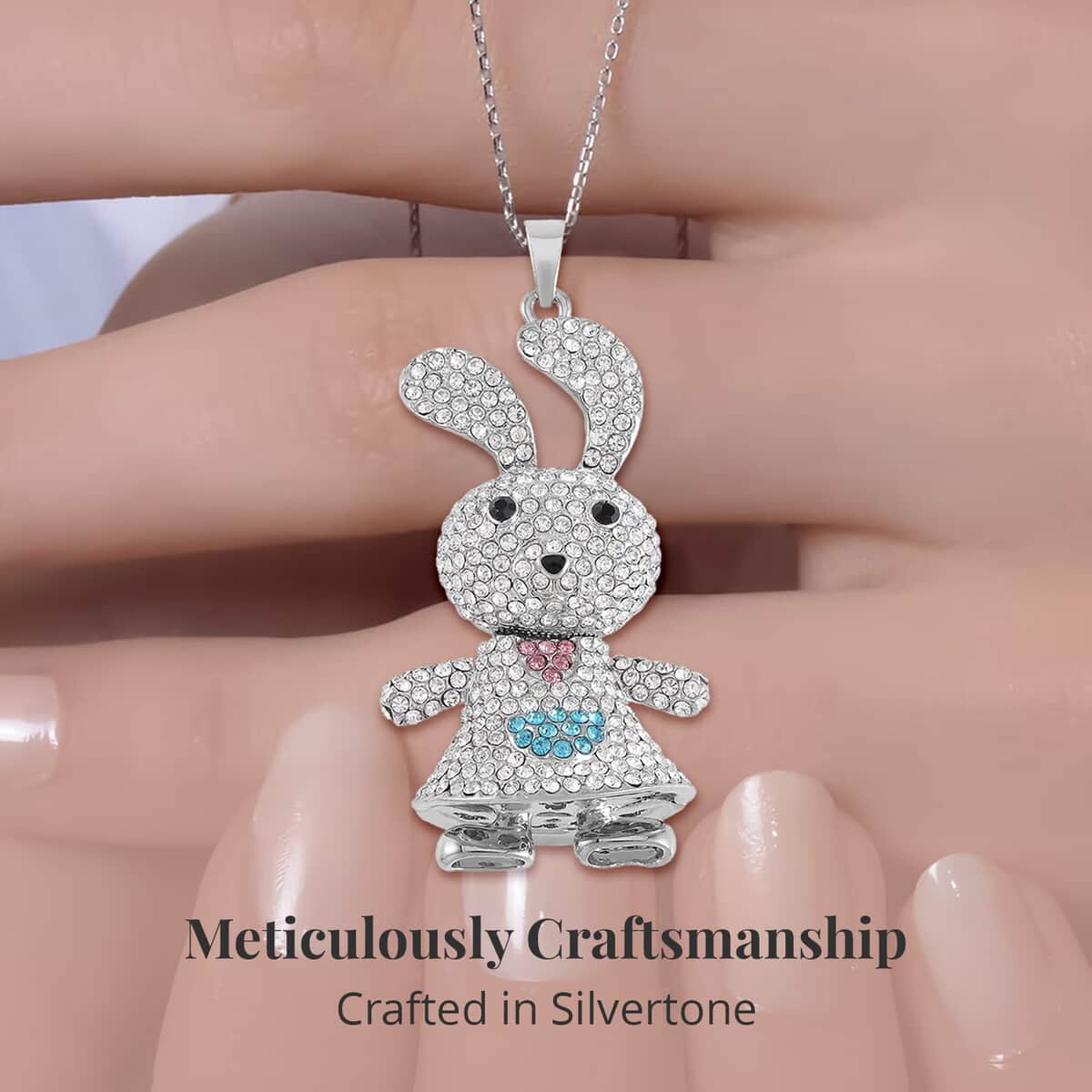 Multi Color Austrian Crystal Rabbit Pendant Necklace 29-31 Inches in Silvertone image number 3