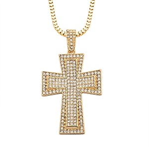 White Crystal Cross Pendant Necklace 29-31 Inches in Goldtone