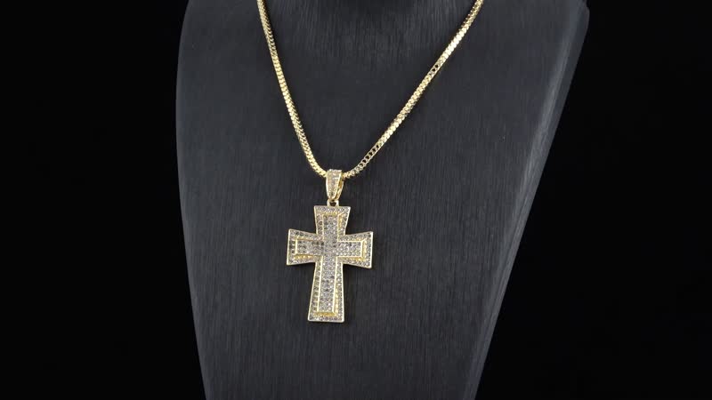 White Crystal Cross Pendant Necklace 29-31 Inches in Goldtone