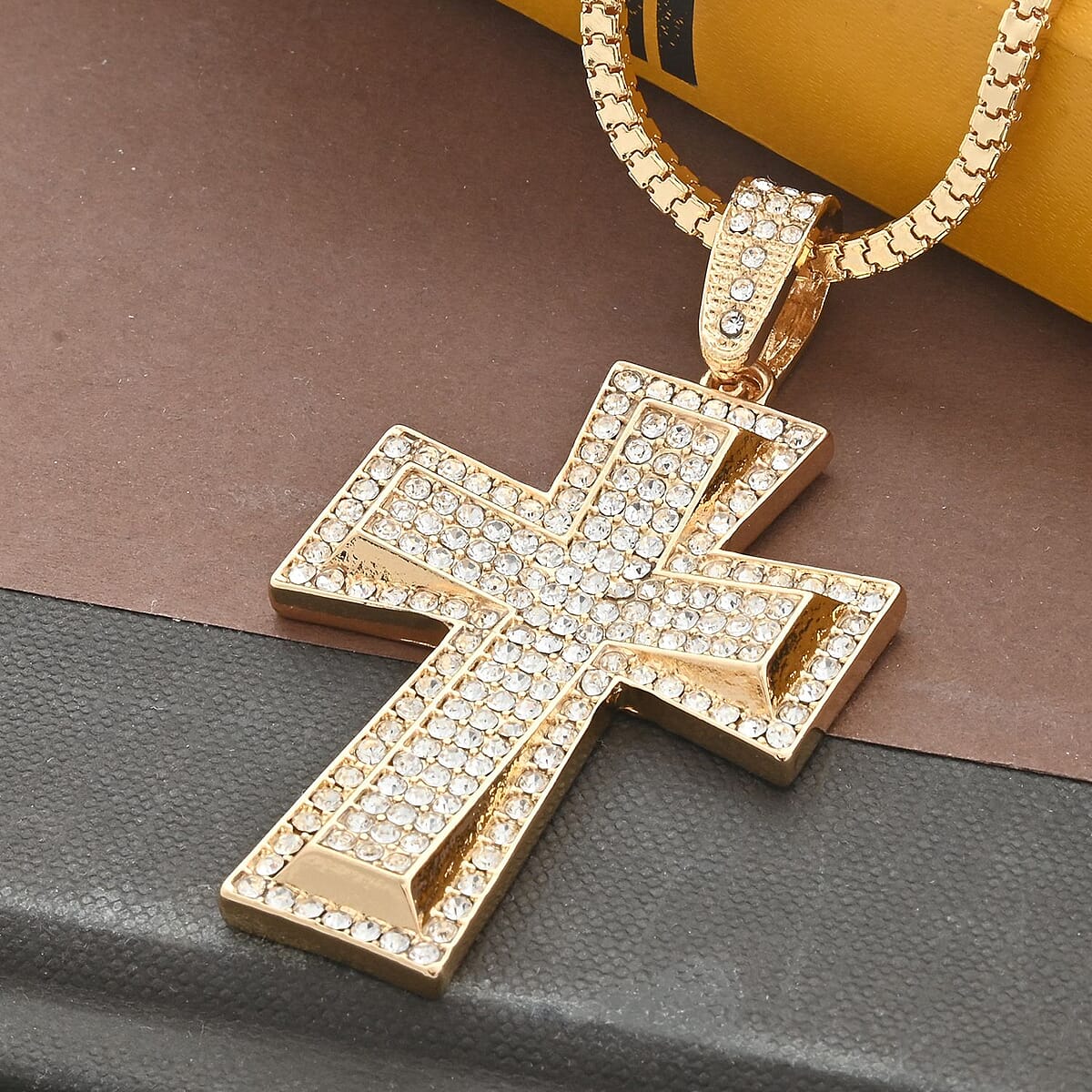 White Crystal Cross Pendant Necklace 29-31 Inches in Goldtone image number 1
