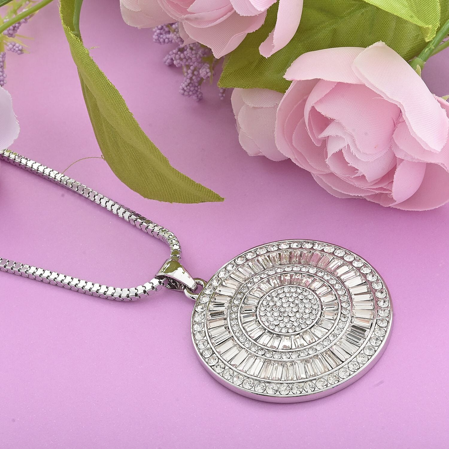 White Crystal Cocktail Pendant Necklace 29-31 Inches in Silvertone