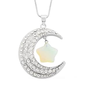 White Crystal and Opalite Crescent Moon Pendant Necklace 29-31 Inches in Silvertone 5.00 ctw