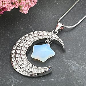 White Crystal and Opalite Crescent Moon Pendant Necklace 29-31 Inches in Silvertone 5.00 ctw