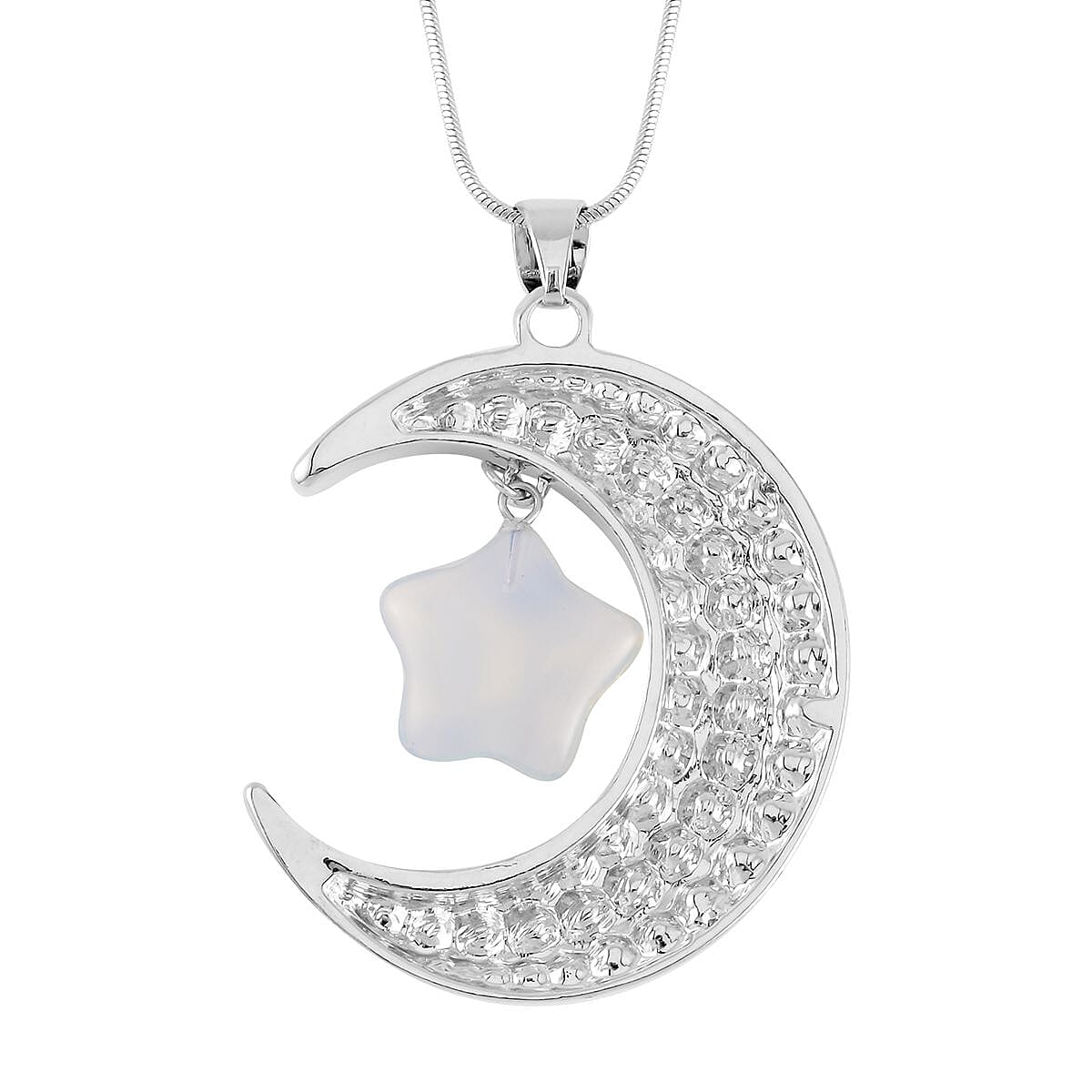 White Crystal and Opalite Crescent Moon Pendant Necklace 29-31 Inches in Silvertone 5.00 ctw image number 3