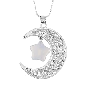 White Crystal and Opalite Crescent Moon Pendant Necklace 29-31 Inches in Silvertone 5.00 ctw