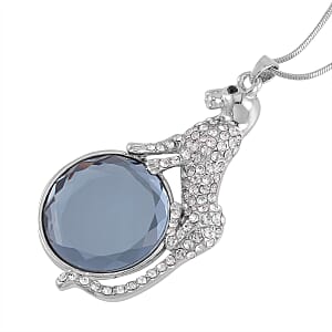 White and Black Crystal, Silver Grey Color Glass Pendant Necklace 29-31 Inches in Silvertone